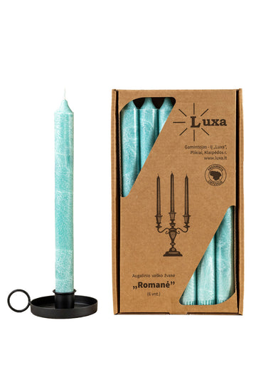 Kvepiančios stalo žvakės „Romanė” turkio spalvos - cinamono kvapo (6 vnt.)