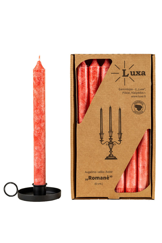 Kvepiančios stalo žvakės „Romanė” raudonos spalvos - vaisių ir uogų, cinamono bei vanilės aromato (6 vnt.)