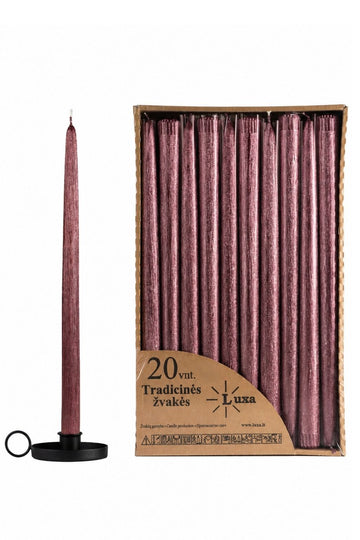 Tradicinės blizgios bordo spalvos stalo žvakės (20 vnt. / 30 cm)