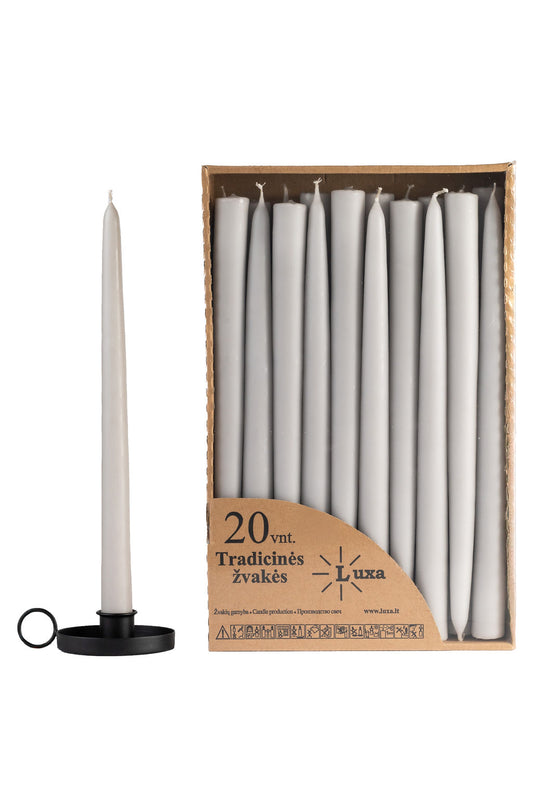 Tradicinės stalo žvakės pilkos spalvos (20 vnt. / 30 cm)