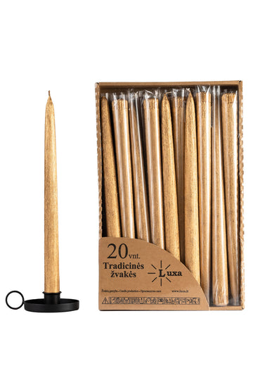 Tradicinės blizgios aukso spalvos stalo žvakės (20 vnt. / 30 cm)