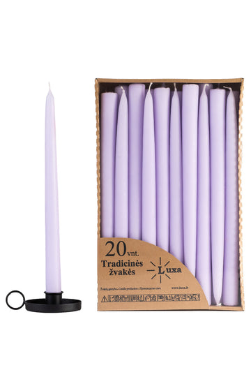 Tradicinės stalo žvakės alyvinės spalvos (20 vnt. / 30 cm)