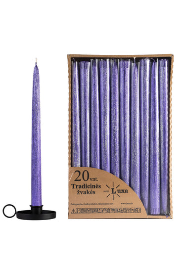 Tradicinės blizgios violetinės spalvos stalo žvakės (20 vnt. / 30 cm)