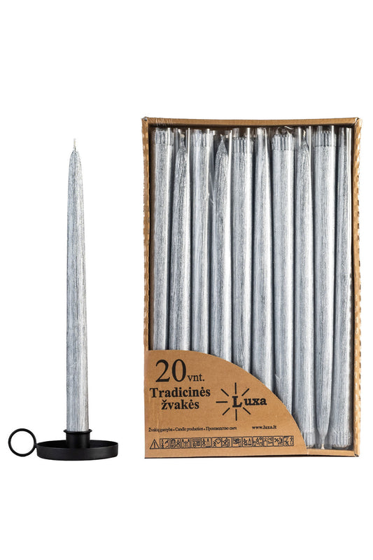 Tradicinės blizgios sidabro spalvos stalo žvakės (20 vnt. / 30 cm)