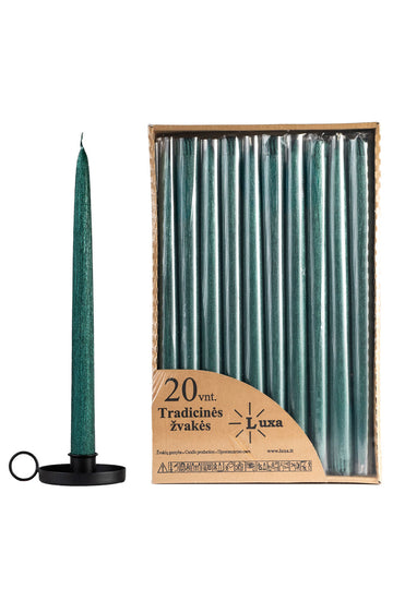 Tradicinės blizgios smaragdo spalvos stalo žvakės (20 vnt. / 30 cm)