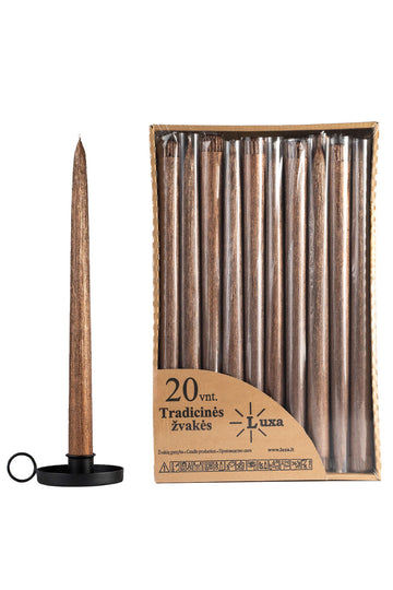 Tradicinės blizgios šokolado spalvos stalo žvakės (20 vnt. / 30 cm)