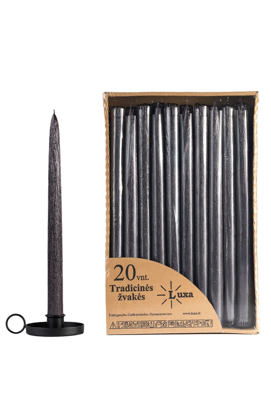 Tradicinės blizgios juodos spalvos stalo žvakės (20 vnt. / 30 cm)