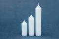 trys žvakės "Kūginis cilindras", diametras 50 mm, aukštis 150 mm, 200 mm, 290 mm, 450 mm.